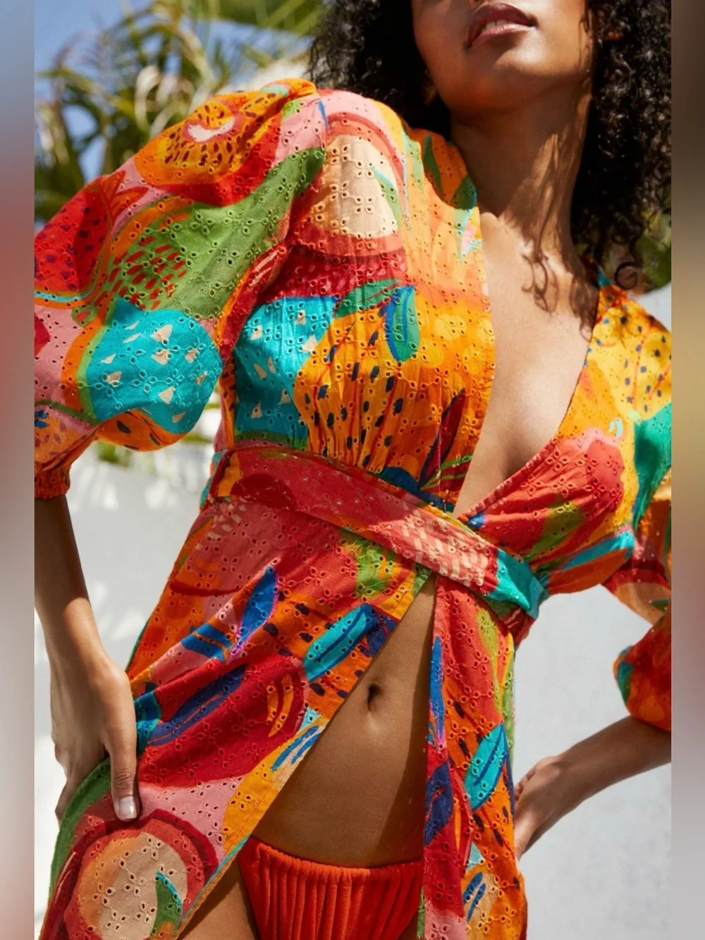 FARM Rio Summery Salad Puff-Sleeve Eyelet Tie-Waist Midi Dress Coverup. - Picture 2 of 13